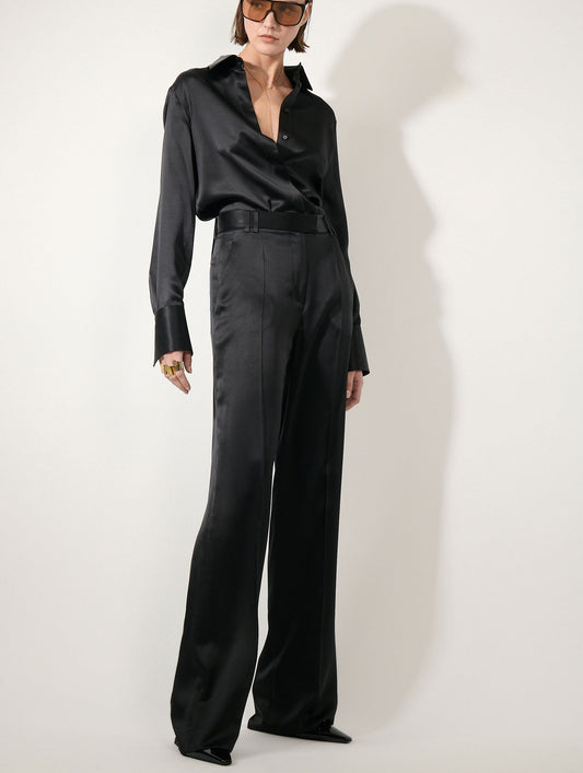 Black silk satin wide-leg trousers
