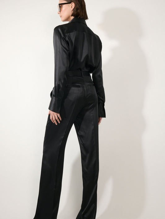 Black silk satin wide-leg trousers