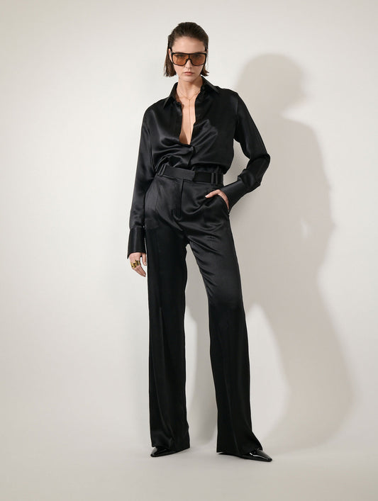 Black silk satin wide-leg trousers