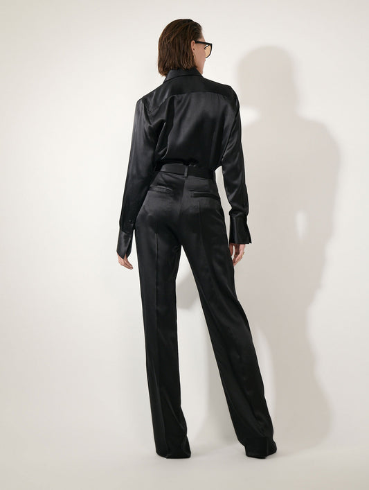 Black silk satin wide-leg trousers