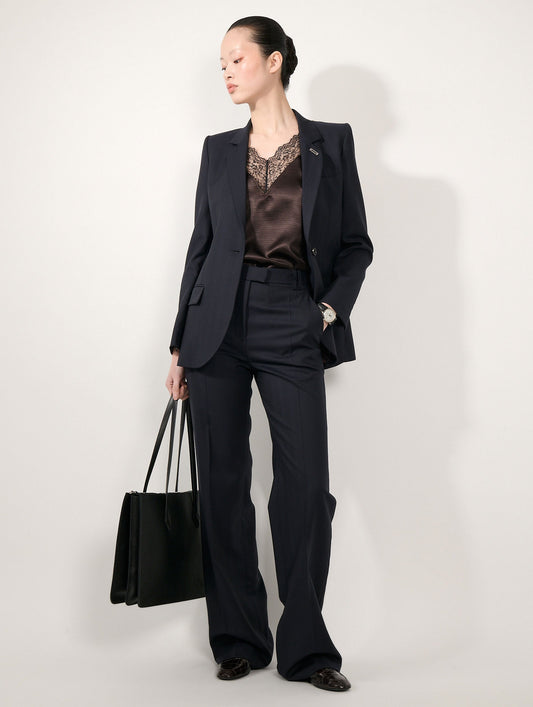 Navy herringbone jacquard wide-leg trousers