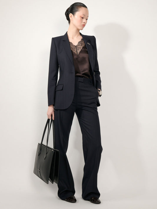 Navy herringbone jacquard wide-leg trousers