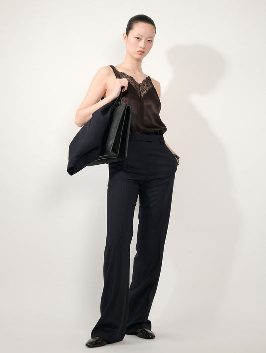 Navy herringbone jacquard wide-leg trousers