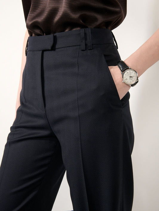 Navy herringbone jacquard wide-leg trousers