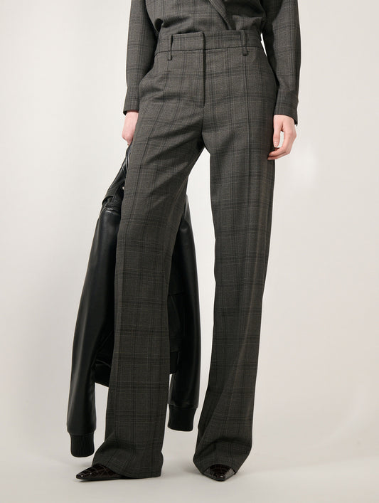 Taupe checked wide-leg trousers