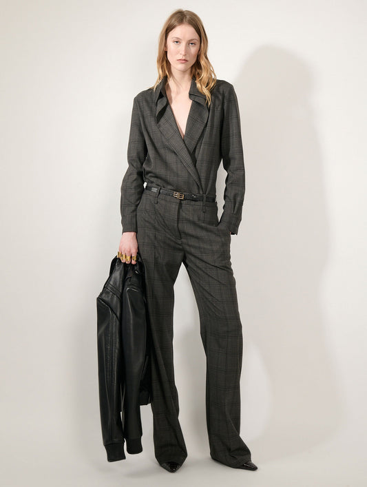 Taupe checked wide-leg trousers