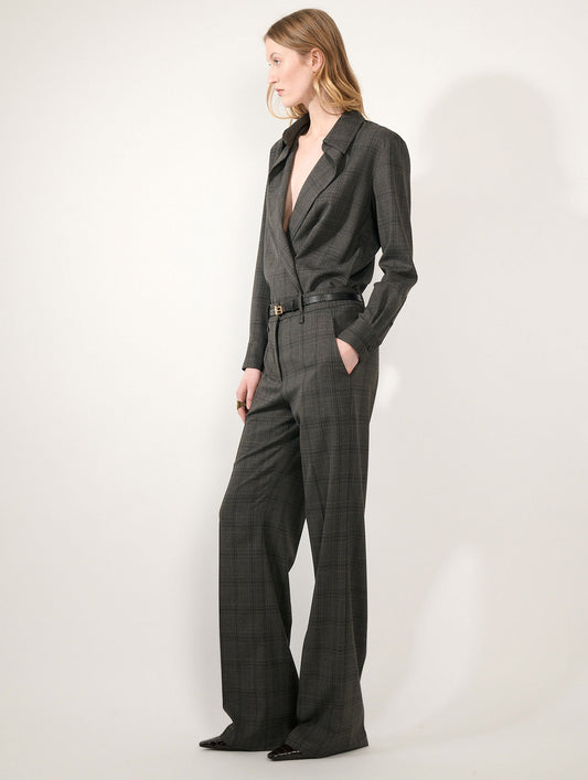 Taupe checked wide-leg trousers