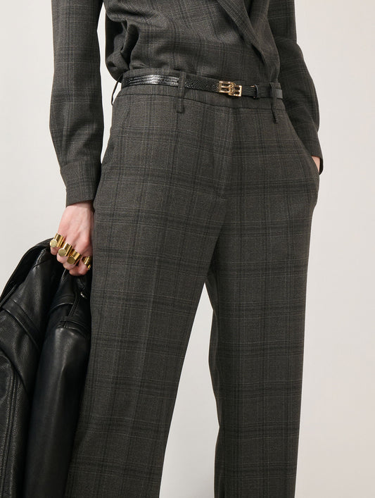Taupe checked wide-leg trousers
