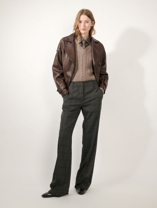 Taupe checked wide-leg trousers