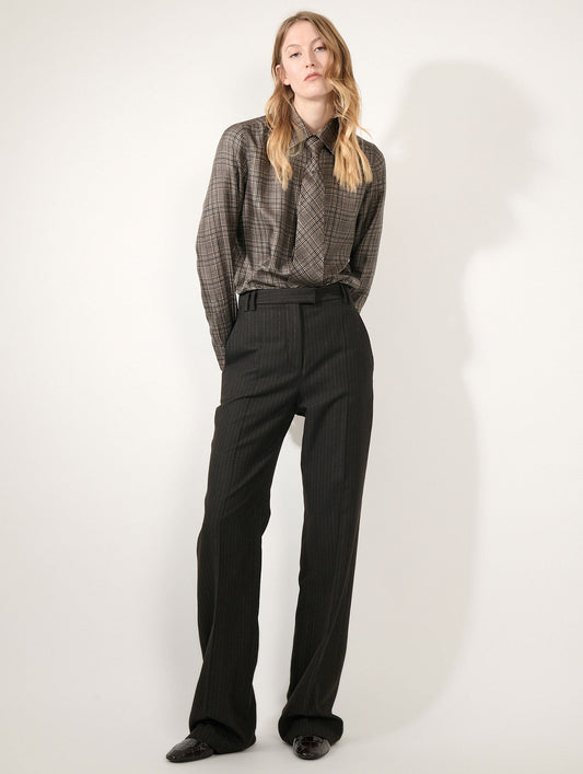 Brown striped flannel wide-leg trousers