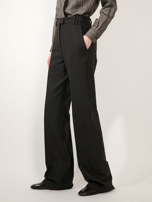 Brown striped flannel wide-leg trousers