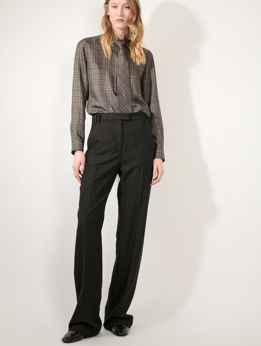 Brown striped flannel wide-leg trousers