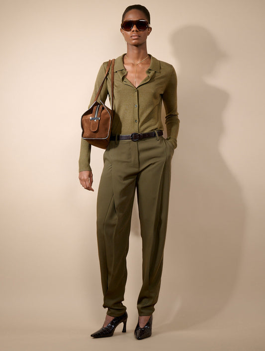 Moss green fluid crepe pleated trousers