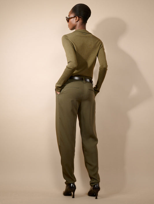 Moss green fluid crepe pleated trousers