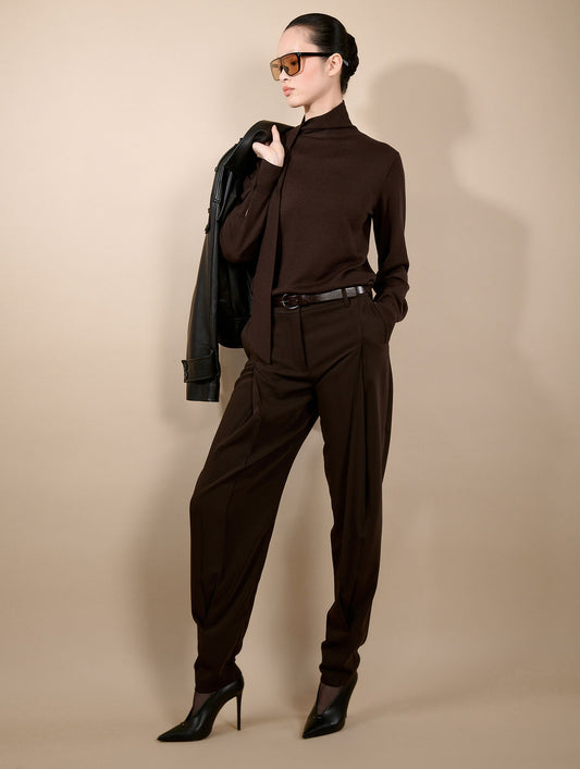 Mocha fluid crepe pleated trousers