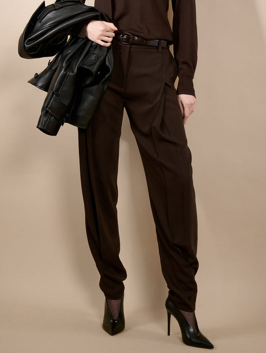Mocha fluid crepe pleated trousers