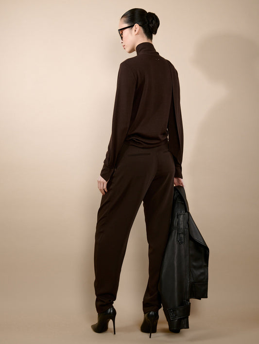 Mocha fluid crepe pleated trousers