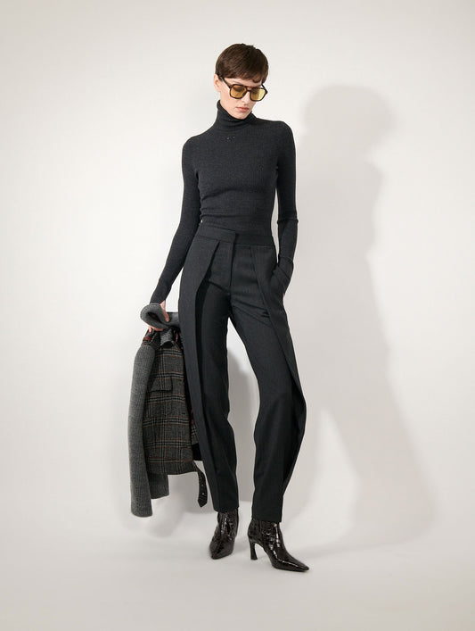 Anthracite grey herringbone pleated trousers