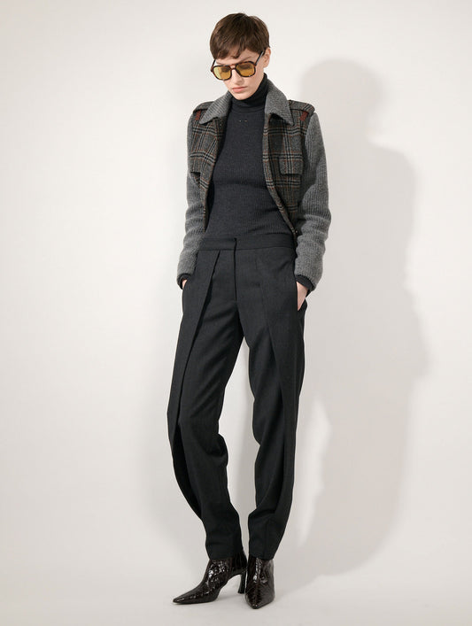 Anthracite grey herringbone pleated trousers