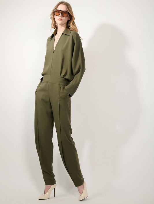 Moss green fluid crepe jumpsuit