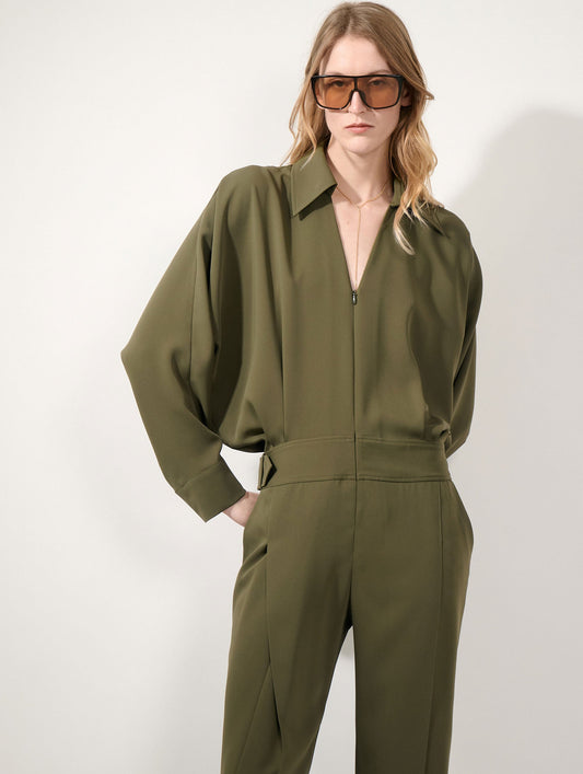 Moss green fluid crepe jumpsuit