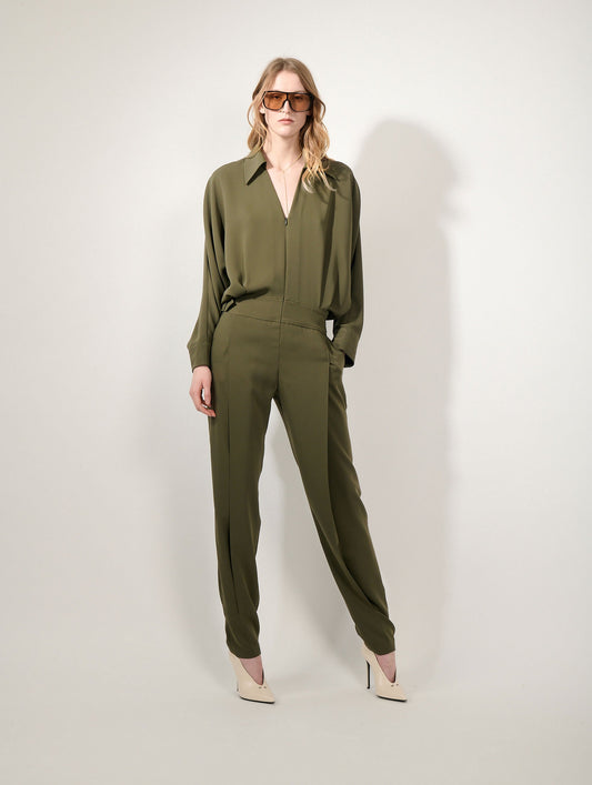 Moss green fluid crepe jumpsuit