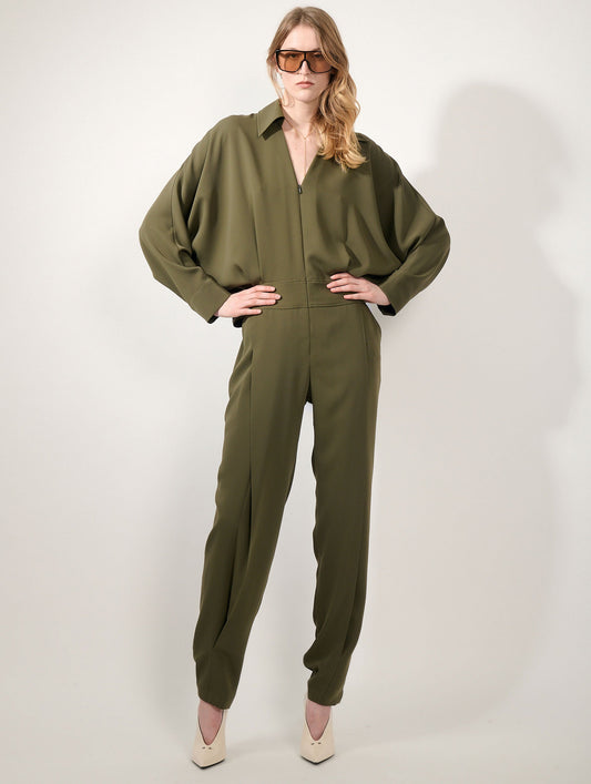 Moss green fluid crepe jumpsuit