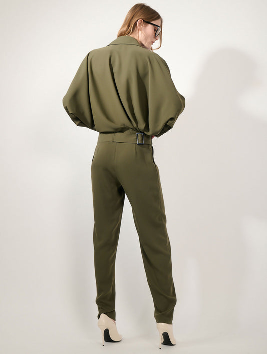 Moss green fluid crepe jumpsuit