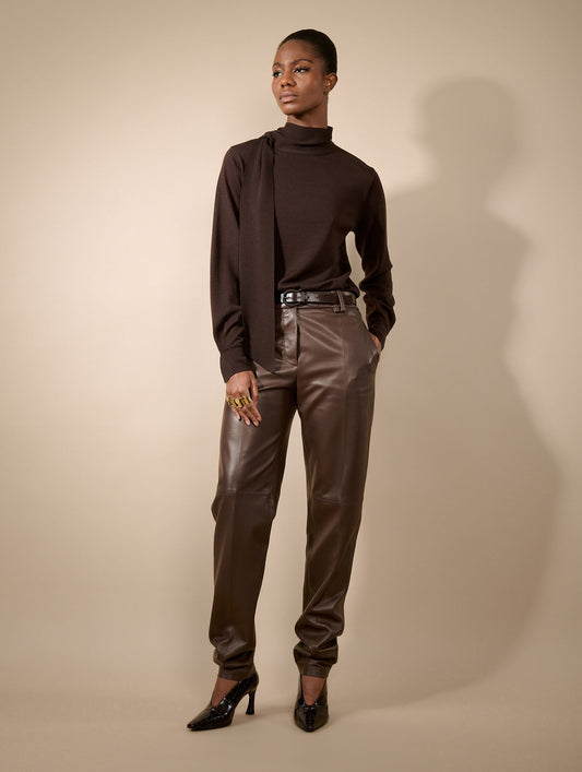 Grace trousers in coffee-coloured leather