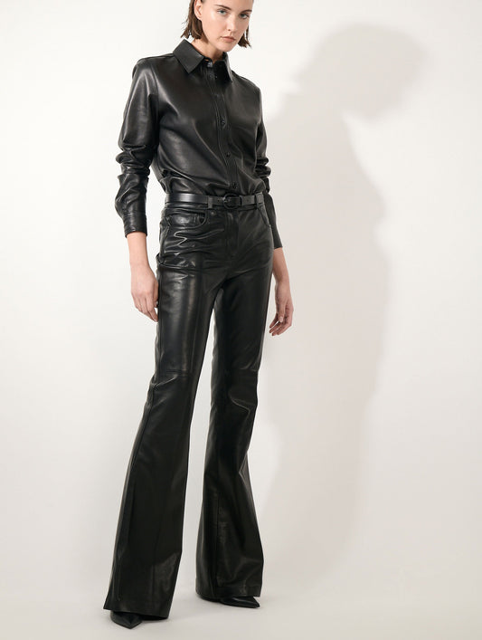 Black supple leather flared trousers