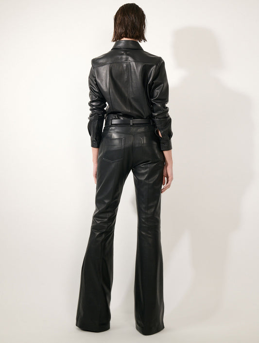 Black supple leather flared trousers