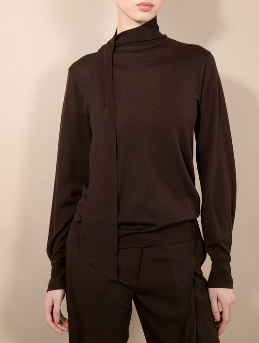 Mocha extra-fine merino silk scarf-neck sweater