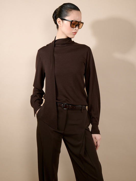 Mocha extra-fine merino silk scarf-neck sweater