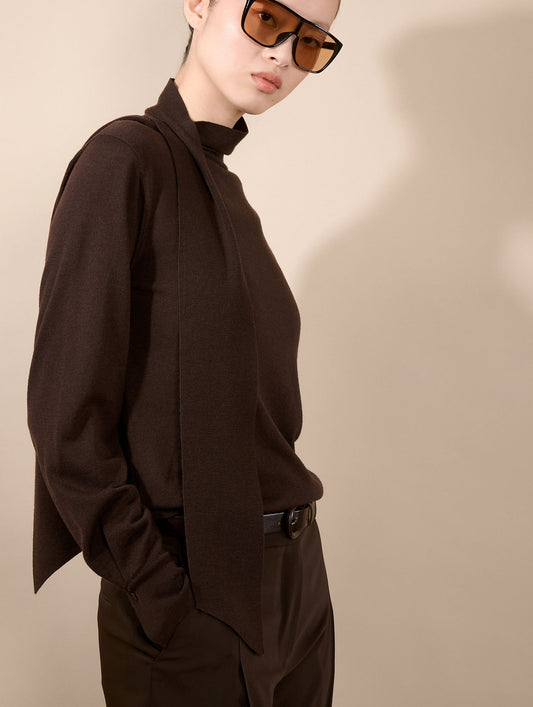Mocha extra-fine merino silk scarf-neck sweater