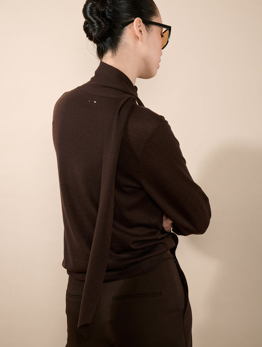 Mocha extra-fine merino silk scarf-neck sweater