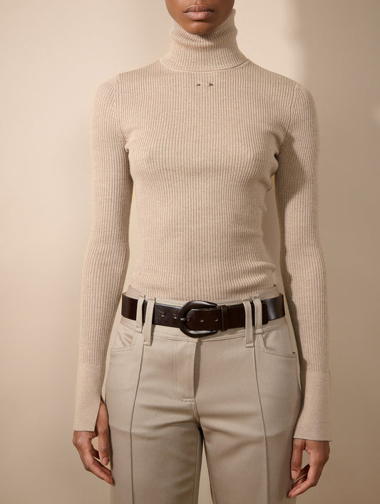 Sand merino knit turtleneck sweater