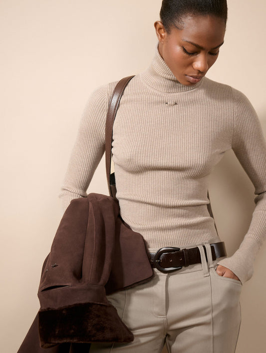 Sand merino knit turtleneck sweater