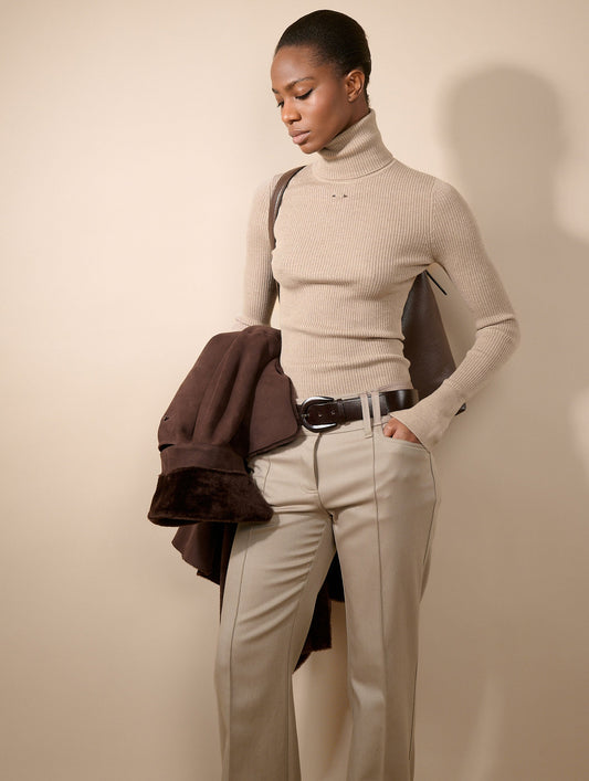 Sand merino knit turtleneck sweater