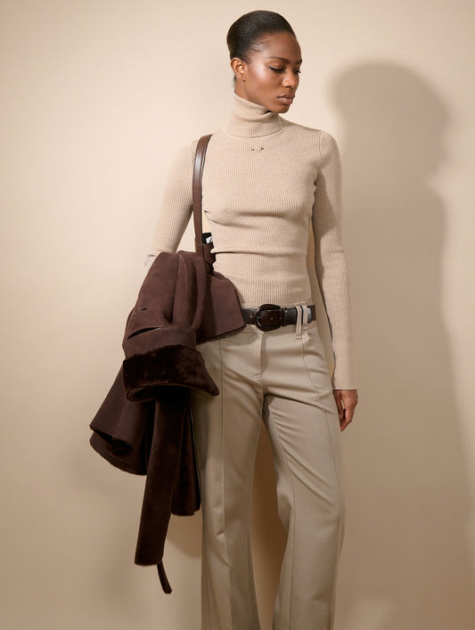 Sand merino knit turtleneck sweater