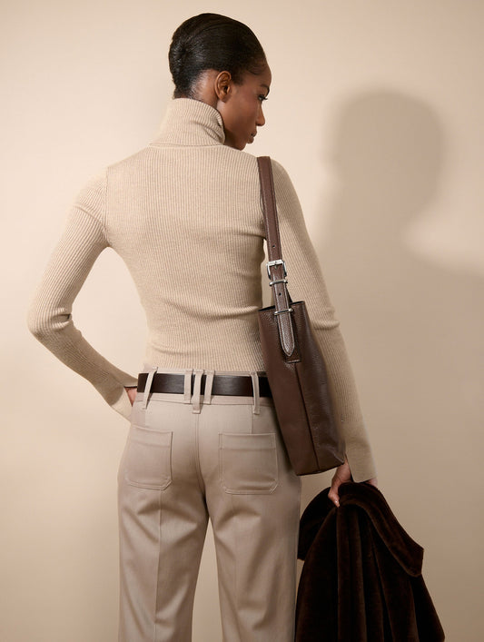 Sand merino knit turtleneck sweater