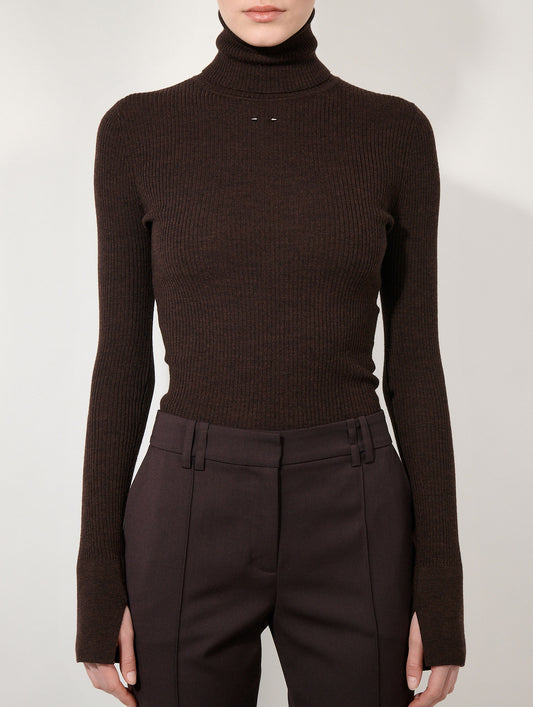Brown merino knit turtleneck sweater