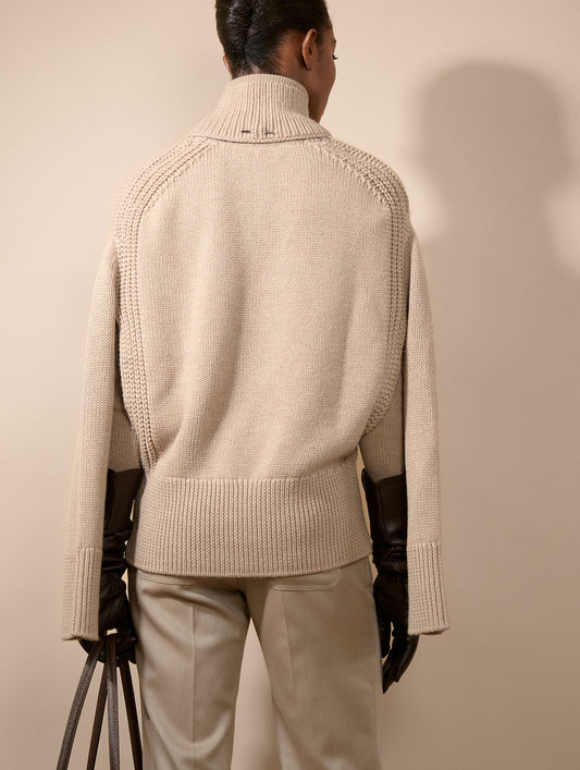Sand merino knit sweater with detachable collar