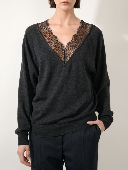 Anthracite merino wool lace V-neck sweater