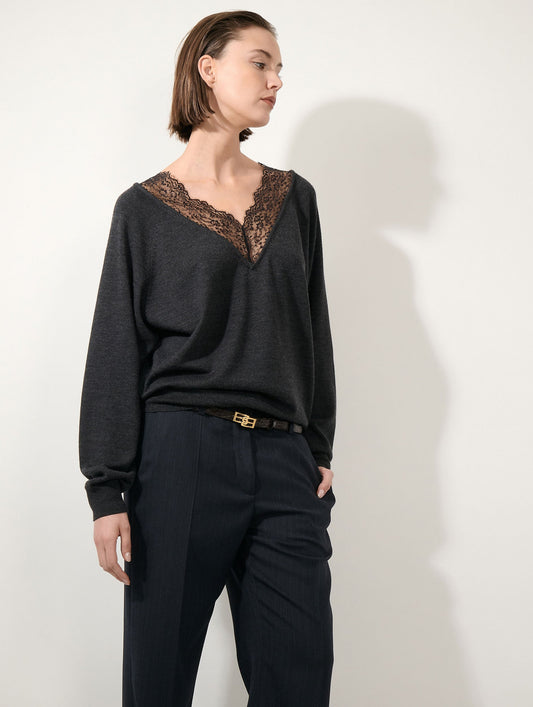 Anthracite merino wool lace V-neck sweater