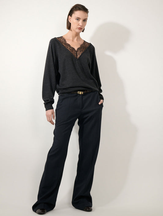 Anthracite merino wool lace V-neck sweater