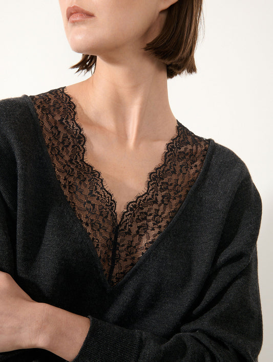 Anthracite merino wool lace V-neck sweater