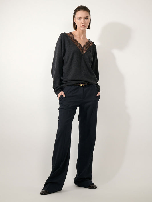 Anthracite merino wool lace V-neck sweater