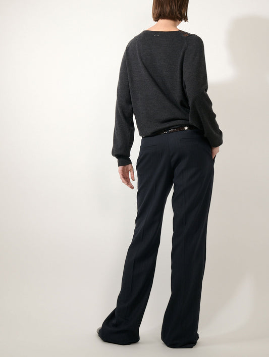 Anthracite merino wool lace V-neck sweater