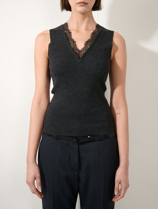 Anthracite merino wool lace-trim tank top