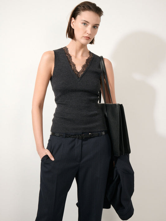 Anthracite merino wool lace-trim tank top